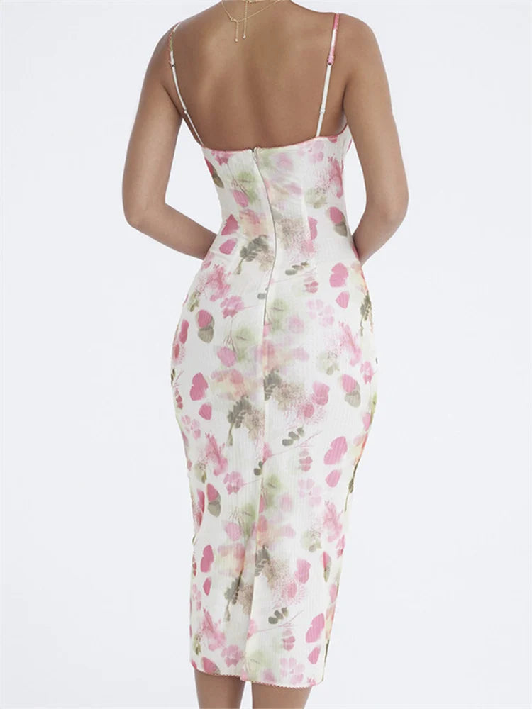 Floral Print Plunging V-Neck Spaghetti Strap Empire Seam Bodycon Midi Dress