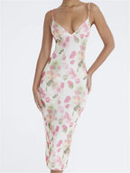 Floral Print Plunging V-Neck Spaghetti Strap Empire Seam Bodycon Midi Dress