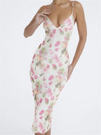 Floral Print Plunging V-Neck Spaghetti Strap Empire Seam Bodycon Midi Dress