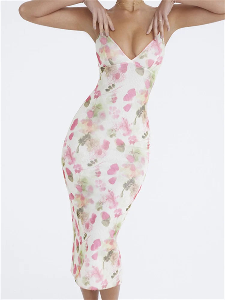 Floral Print Plunging V-Neck Spaghetti Strap Empire Seam Bodycon Midi Dress