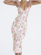 Floral Print Plunging V-Neck Spaghetti Strap Empire Seam Bodycon Midi Dress
