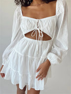 Swiss Dot Square Neck Balloon Sleeve Cutout Tie Front Tiered Mini Dress