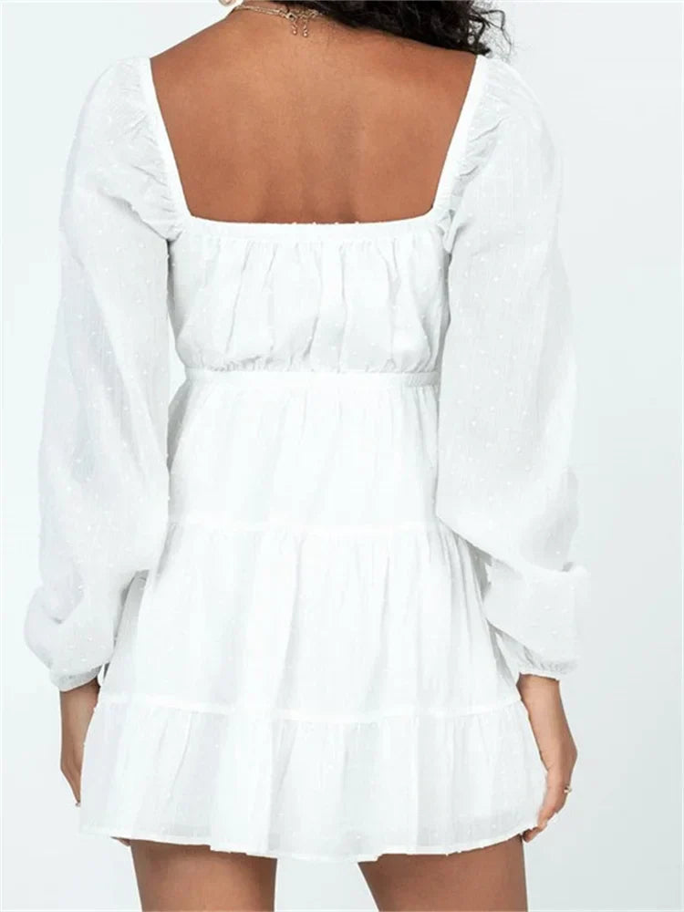 Swiss Dot Square Neck Balloon Sleeve Cutout Tie Front Tiered Mini Dress