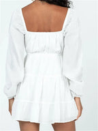 Swiss Dot Square Neck Balloon Sleeve Cutout Tie Front Tiered Mini Dress