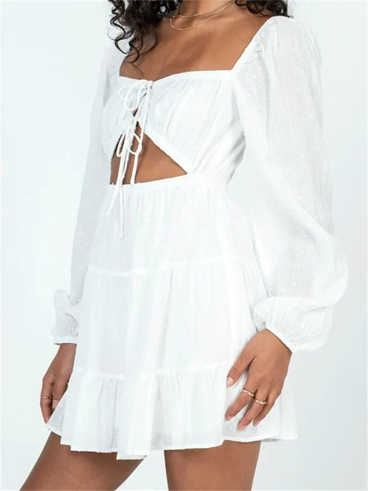 Swiss Dot Square Neck Balloon Sleeve Cutout Tie Front Tiered Mini Dress