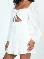 Swiss Dot Square Neck Balloon Sleeve Cutout Tie Front Tiered Mini Dress