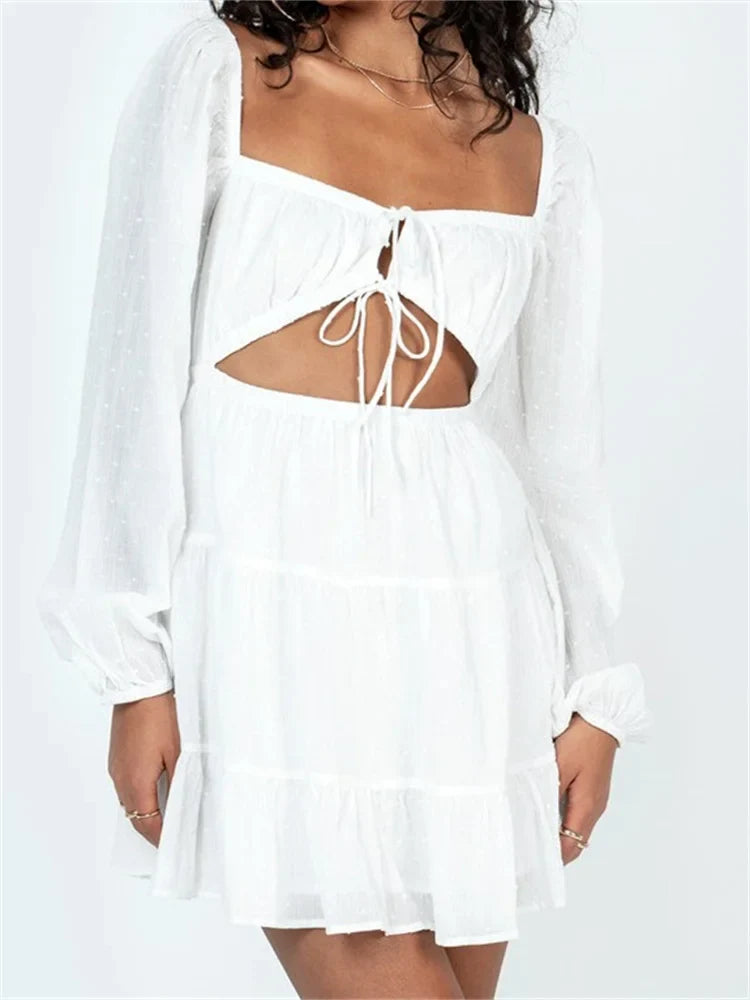 Swiss Dot Square Neck Balloon Sleeve Cutout Tie Front Tiered Mini Dress