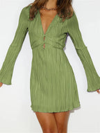Micro Pleated Lace Up Front Bell Sleeve Lettuce Edge Mini Dress