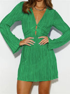 Micro Pleated Lace Up Front Bell Sleeve Lettuce Edge Mini Dress