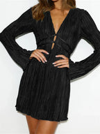 Micro Pleated Lace Up Front Bell Sleeve Lettuce Edge Mini Dress