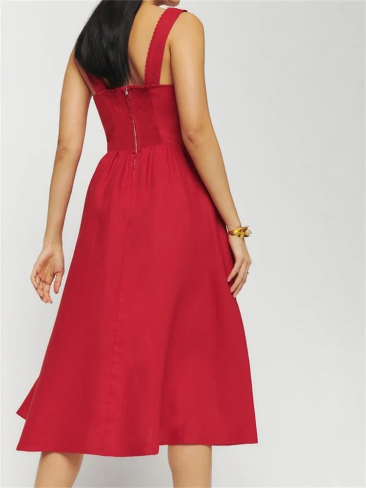 Square Neck Scalloped Lace Trim Corset Bodice Gathered A-Line Midi Dress