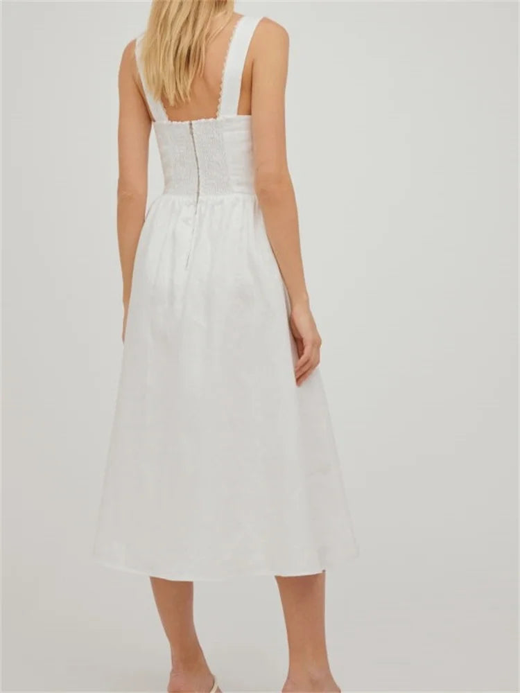 Square Neck Scalloped Lace Trim Corset Bodice Gathered A-Line Midi Dress