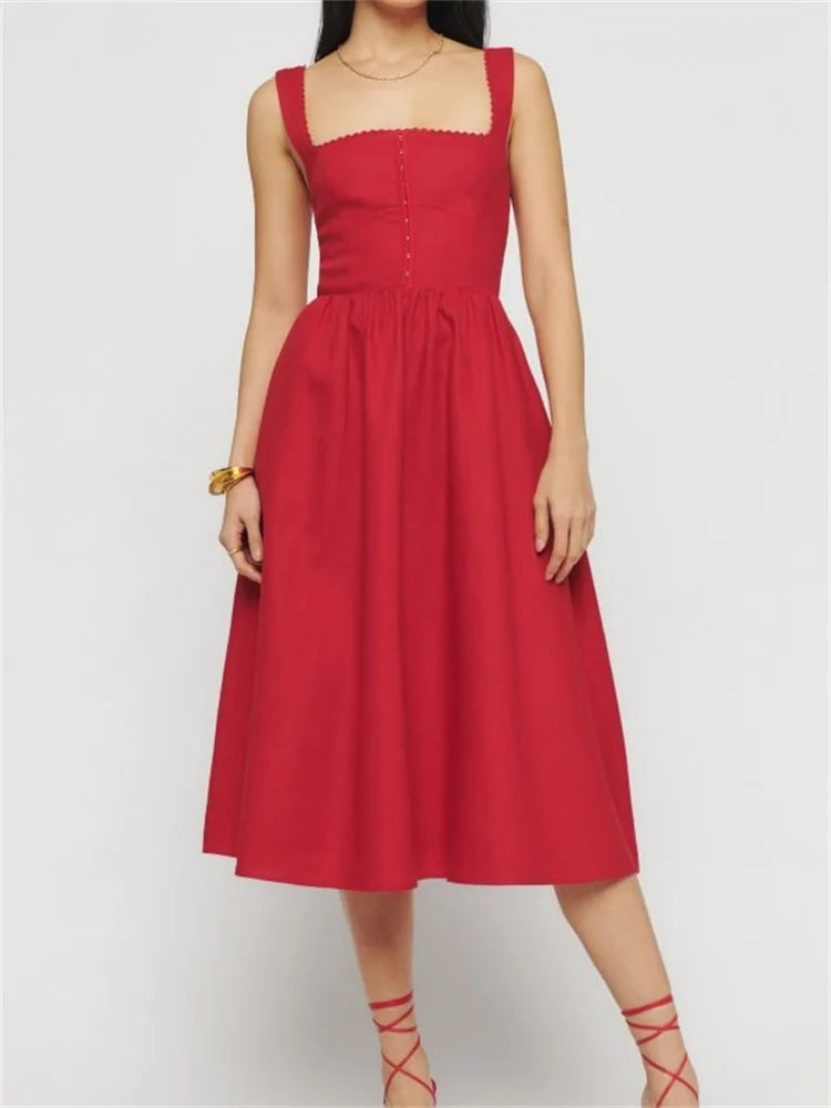 Square Neck Scalloped Lace Trim Corset Bodice Gathered A-Line Midi Dress