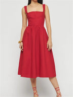 Square Neck Scalloped Lace Trim Corset Bodice Gathered A-Line Midi Dress