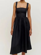 Square Neck Scalloped Lace Trim Corset Bodice Gathered A-Line Midi Dress