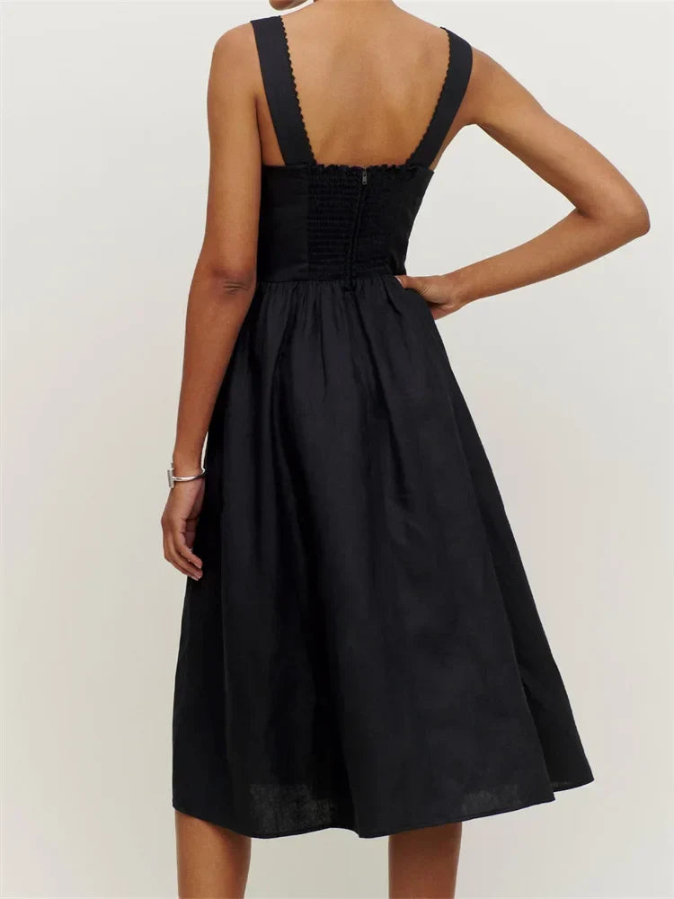 Square Neck Scalloped Lace Trim Corset Bodice Gathered A-Line Midi Dress