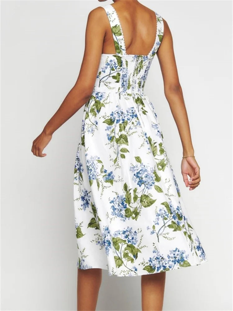 Square Neck Scalloped Lace Trim Corset Bodice Gathered A-Line Midi Dress