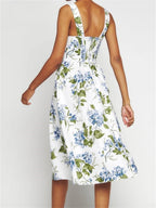 Square Neck Scalloped Lace Trim Corset Bodice Gathered A-Line Midi Dress