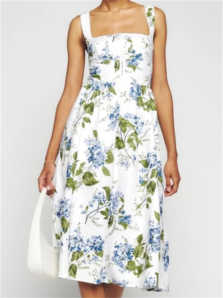 Square Neck Scalloped Lace Trim Corset Bodice Gathered A-Line Midi Dress