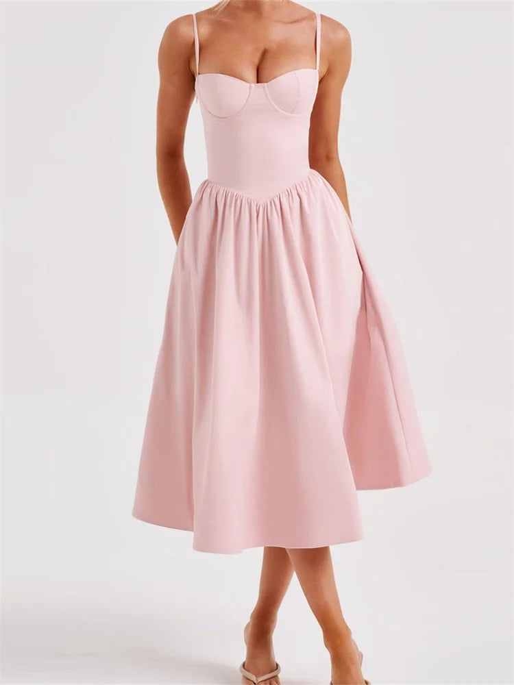 Sweetheart Bustier Dropped Waist Gathered Skirt Midi Dress