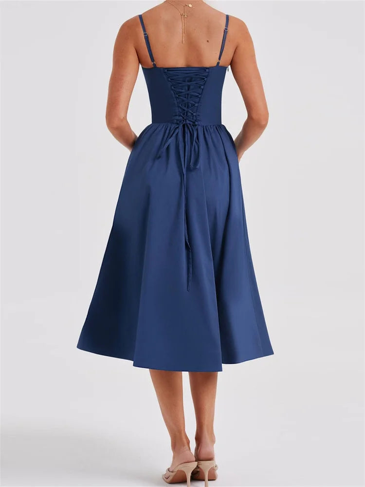 Sweetheart Bustier Dropped Waist Gathered Skirt Midi Dress