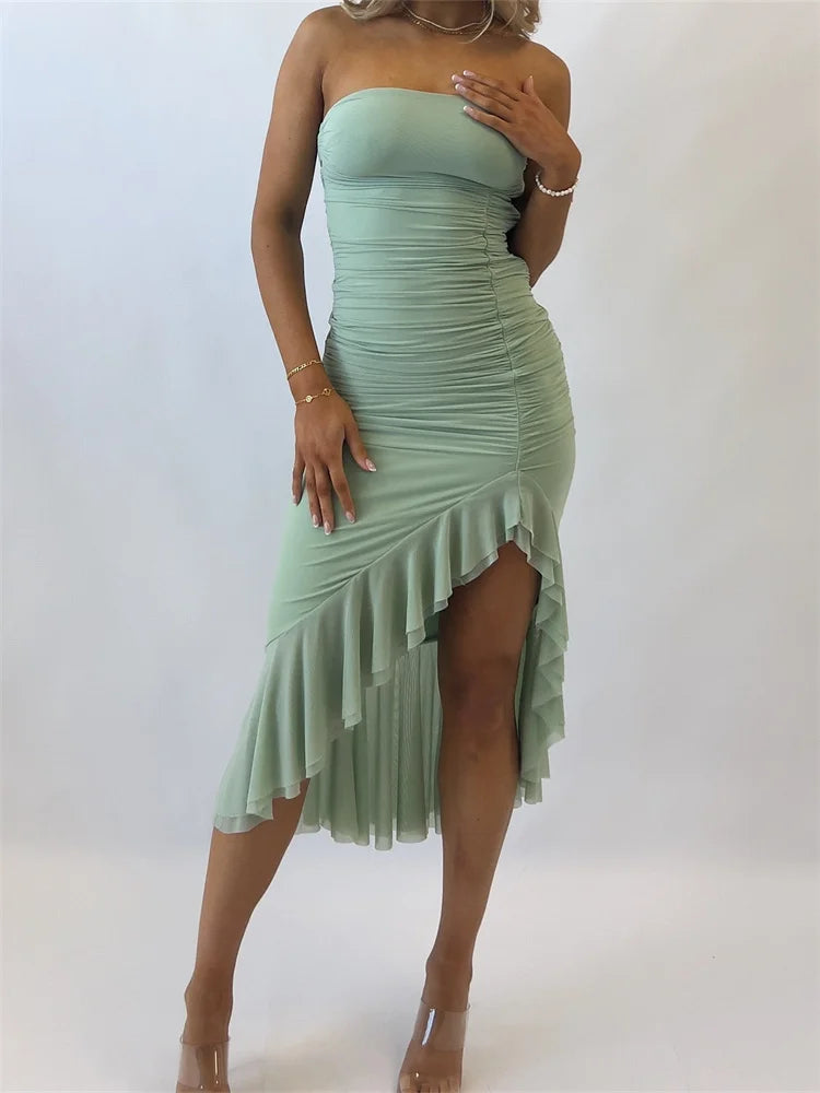 Strapless Ruched Ruffle Hem High-Low Asymmetric Midi Dress