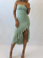 Strapless Ruched Ruffle Hem High-Low Asymmetric Midi Dress