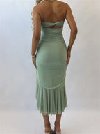 Strapless Ruched Ruffle Hem High-Low Asymmetric Midi Dress