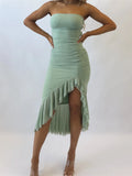 Strapless Ruched Ruffle Hem High-Low Asymmetric Midi Dress
