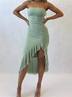 Strapless Ruched Ruffle Hem High-Low Asymmetric Midi Dress
