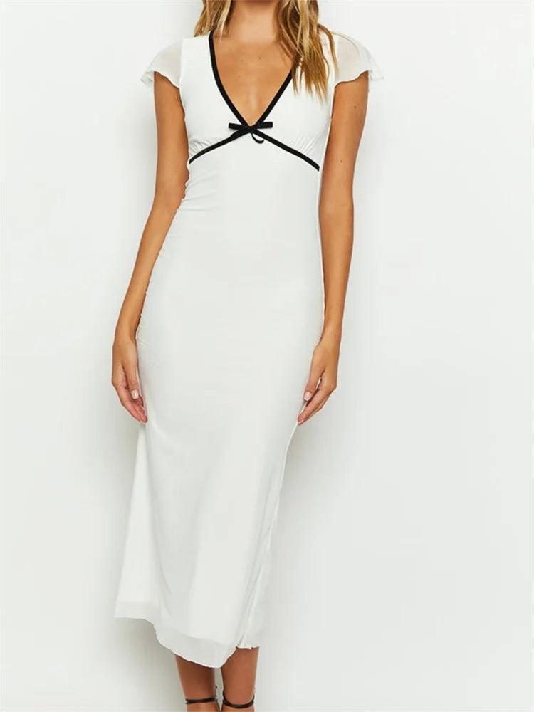Deep V-Neck Contrast Trim Bow Empire Waist Sheer Cap Sleeve Maxi Dress