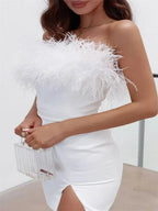 Strapless Feather Trim Thigh Slit Bodycon Mini Dress