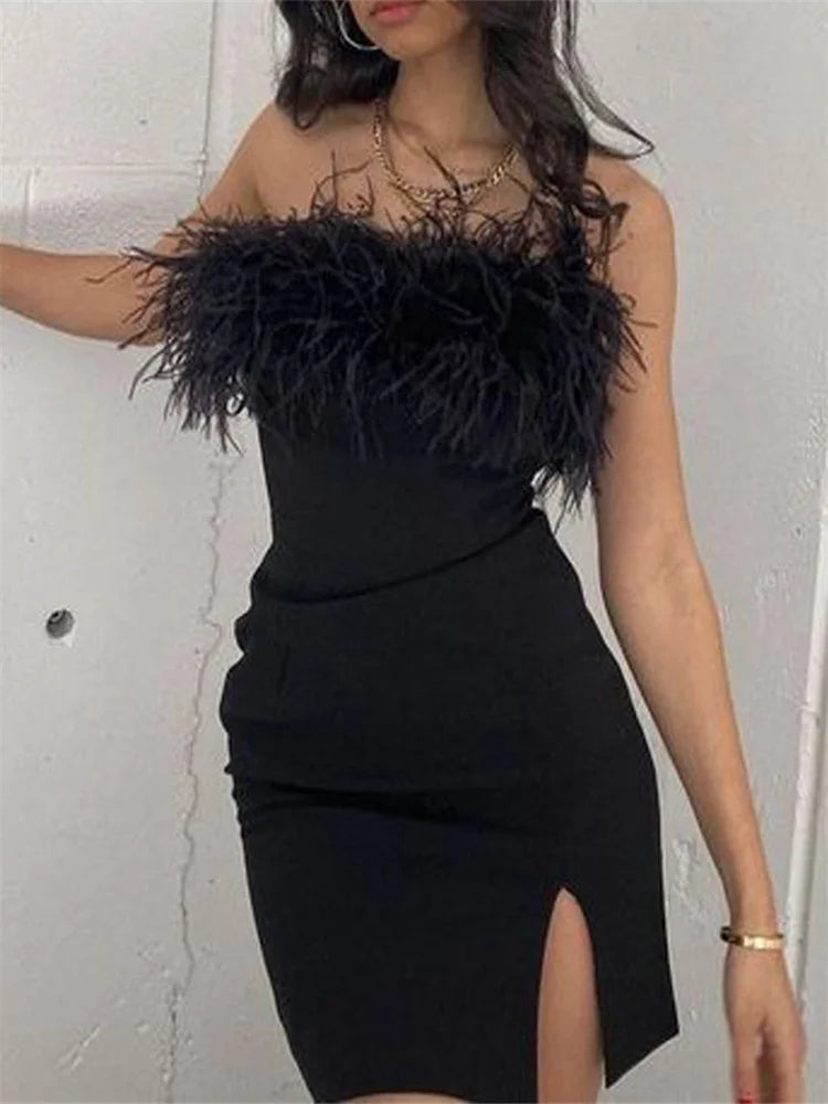 Strapless Feather Trim Thigh Slit Bodycon Mini Dress