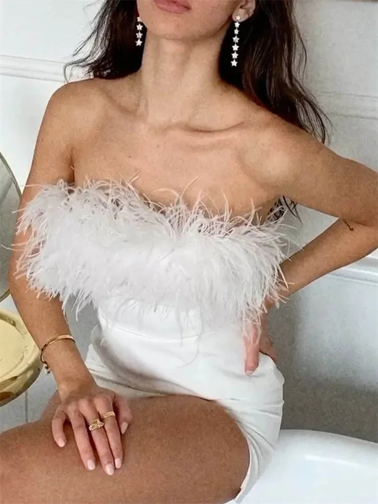 Strapless Feather Trim Thigh Slit Bodycon Mini Dress