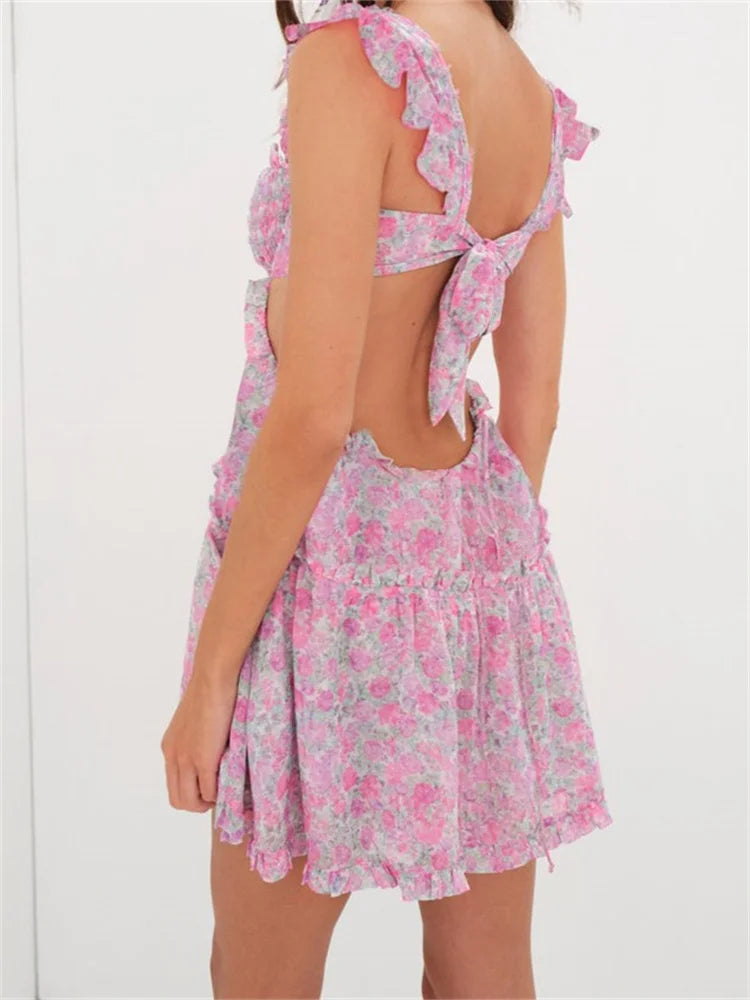 Sweetheart Smocked 3D Rosette Floral Tiered Side Cutout Mini Dress