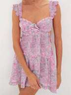 Sweetheart Smocked 3D Rosette Floral Tiered Side Cutout Mini Dress