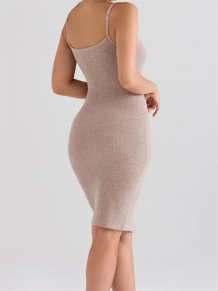 Spaghetti Strap Scoop Neck Button Front Ribbed Knit Bodycon Midi Dress