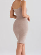 Spaghetti Strap Scoop Neck Button Front Ribbed Knit Bodycon Midi Dress