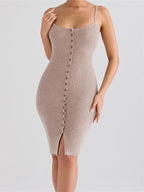 Spaghetti Strap Scoop Neck Button Front Ribbed Knit Bodycon Midi Dress