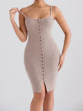 Spaghetti Strap Scoop Neck Button Front Ribbed Knit Bodycon Midi Dress