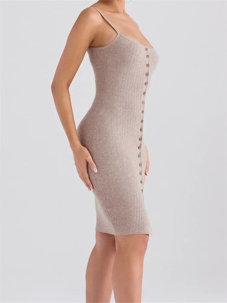 Spaghetti Strap Scoop Neck Button Front Ribbed Knit Bodycon Midi Dress