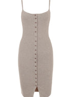 Spaghetti Strap Scoop Neck Button Front Ribbed Knit Bodycon Midi Dress