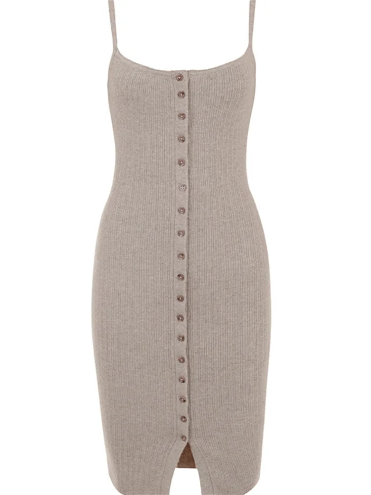 Spaghetti Strap Scoop Neck Button Front Ribbed Knit Bodycon Midi Dress
