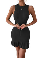 Ribbed Knit Sleeveless Tank Ruffle Hem Bodycon Mini Dress