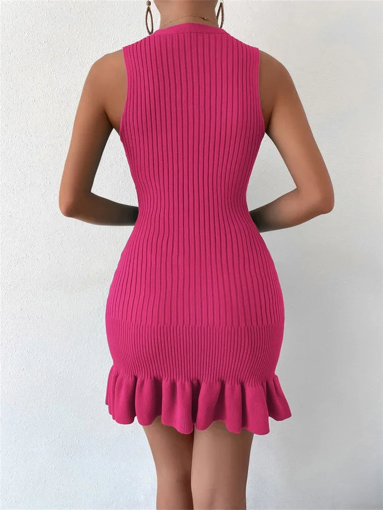 Ribbed Knit Sleeveless Tank Ruffle Hem Bodycon Mini Dress
