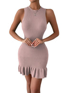 Ribbed Knit Sleeveless Tank Ruffle Hem Bodycon Mini Dress