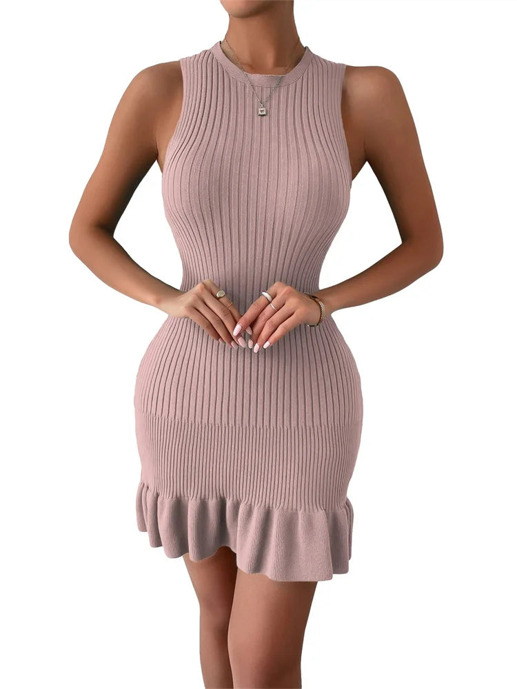 Ribbed Knit Sleeveless Tank Ruffle Hem Bodycon Mini Dress