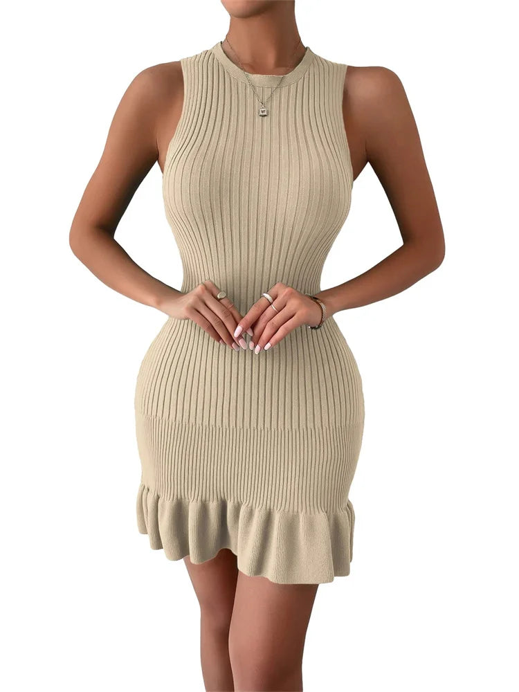 Ribbed Knit Sleeveless Tank Ruffle Hem Bodycon Mini Dress