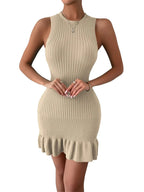 Ribbed Knit Sleeveless Tank Ruffle Hem Bodycon Mini Dress