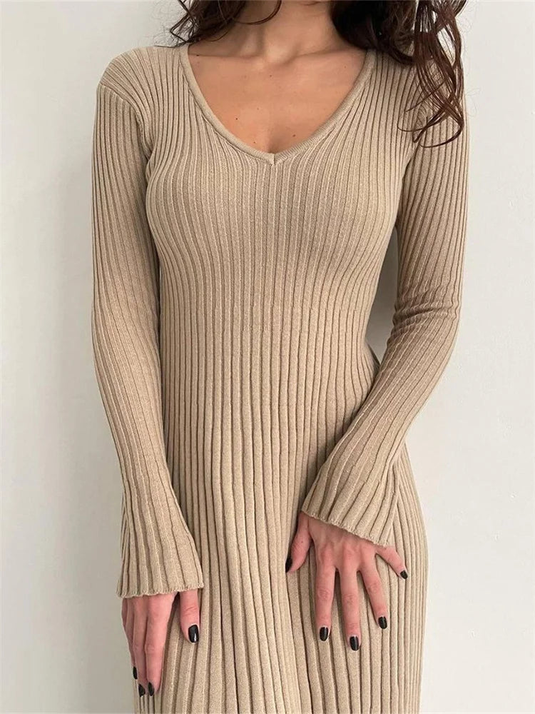 Ribbed Knit Long Sleeve V-Neck Fit and Flare Midi Dress